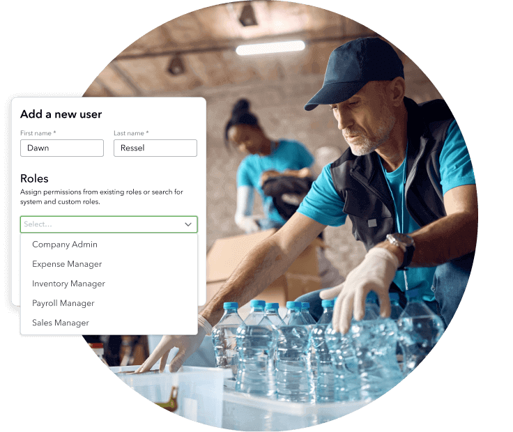 Volunteers sorting bottled water donations; graphic showing product interface for adding a new user role. 